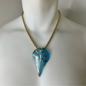 Unique Murano Glass Teardrop Leaf Pendant with Faux Gold Rope Chain Necklace